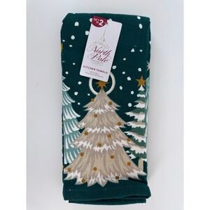 North Pole Trading Co Set of 2 Christmas Kitchen Towels Green Trees Stars NWT